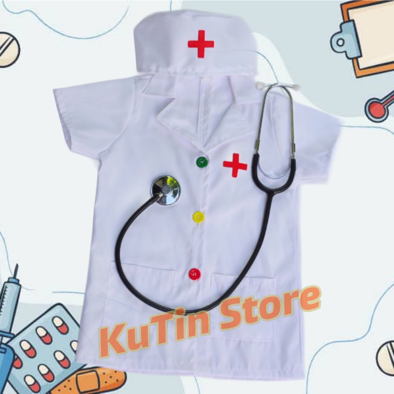  Áo bác sĩ cho bé kèm ống nghe  nghe được nhịp tim  