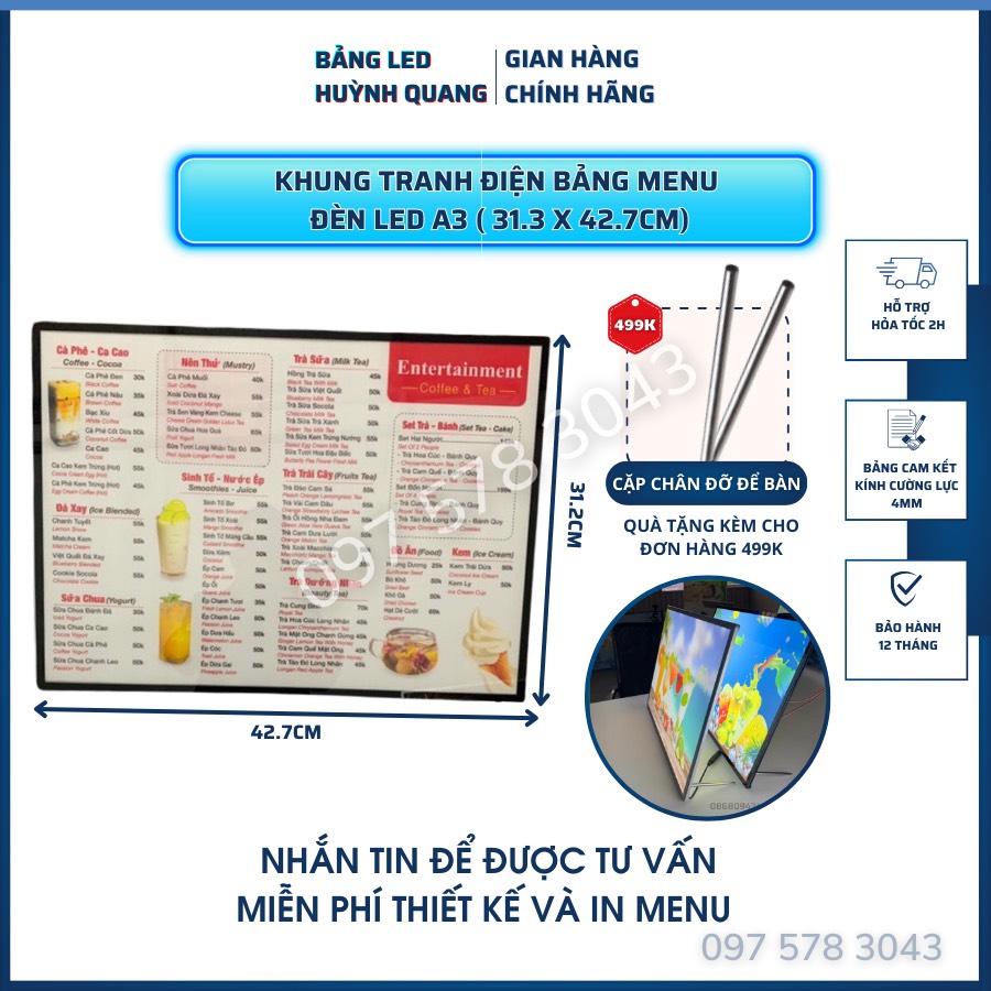 Bảng hộp đèn led menu a3 , khung tranh điện để bàn, treo tường, hộp đèn quảng cáo