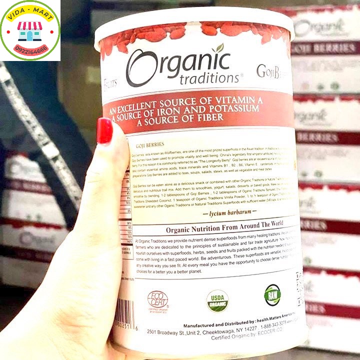 Kỳ tử organic sấy khô goji berreis organic traditions hộp 454gr của mỹ kỉ tử đều quả đỏ, không lẫn tạp chất sp200133