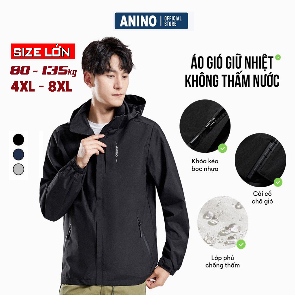 Áo khoác gió nam big size Anino 2 lớp, chất gió tráng bạc, chống mưa, chống gió, ngăn tia UV tuyệt đối cho người béo, mập từ 80 - 140kg