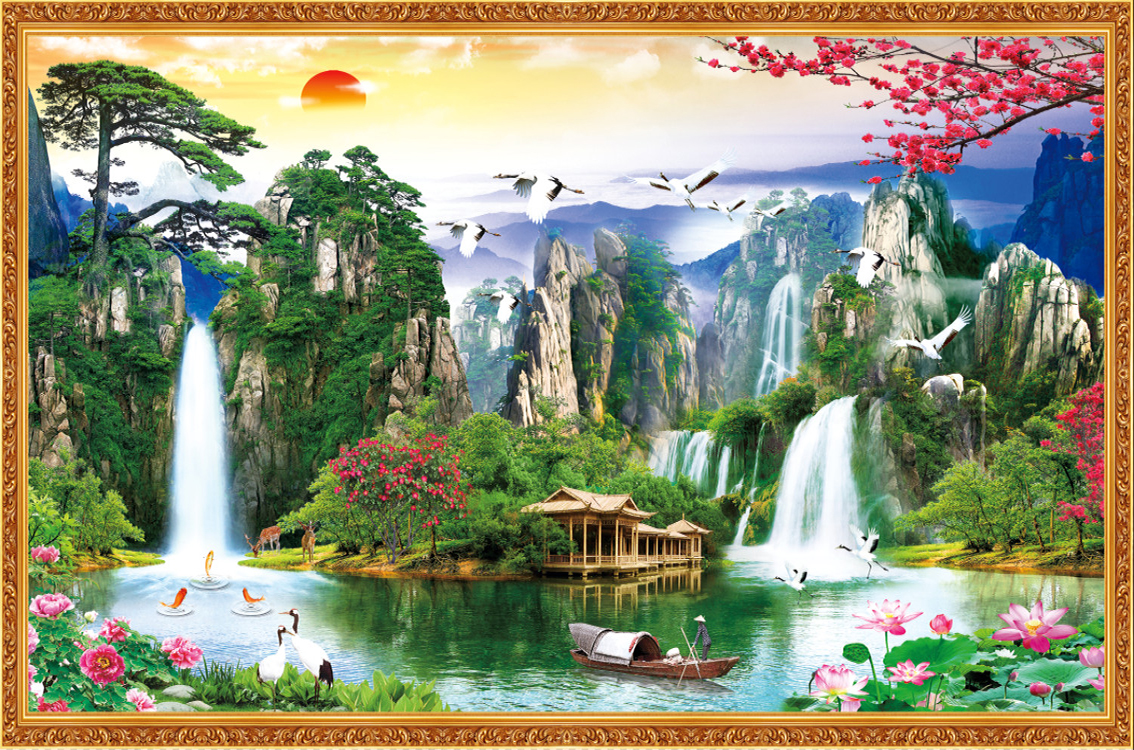 Tranh dán tường Phong Thủy/ Tranh Khổ Lớn/ Vải Lụa Cao Cấp/ Tranh Phong Cảnh" Sơn Thủy Hữu Tình,590, KT: 120CM X 170CM