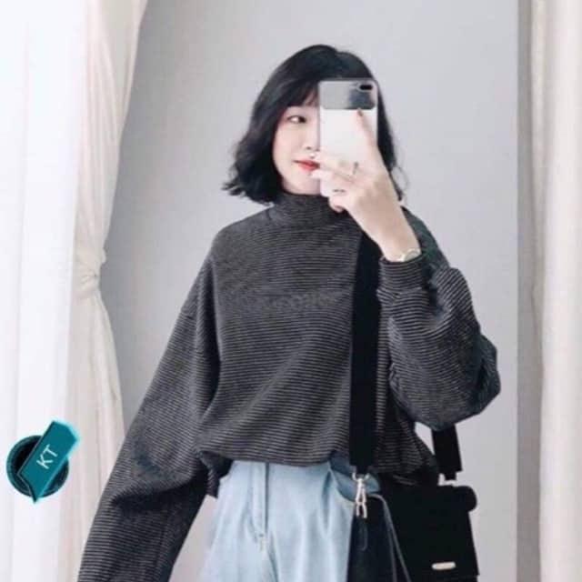 [HCM]Áo Cổ Lọ Nữ Tay Dài Phối Kẻ Thời Trang