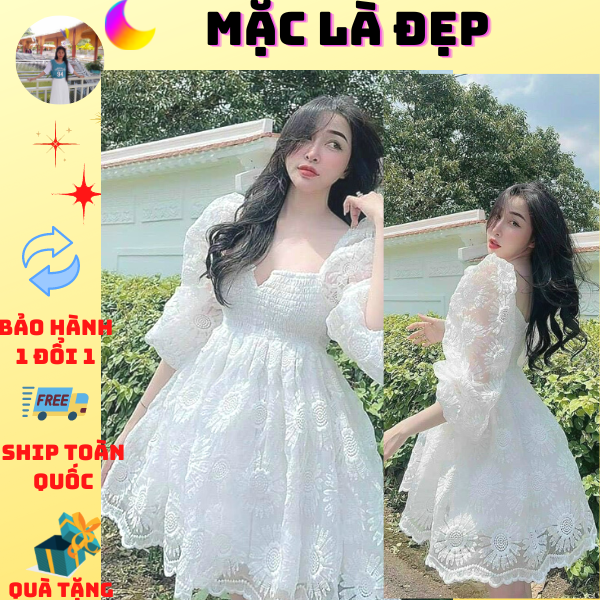 Đầm trắng hoa nổi bo chun ngực jl15