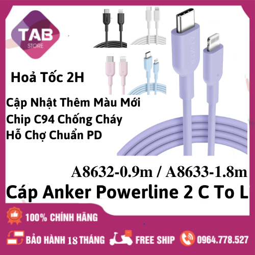 Cáp Anker PowerLine 2 C To L 0.9m Có Màu Mới Chính Hãng - A8632 A8633 (Bảo Hành 18T)