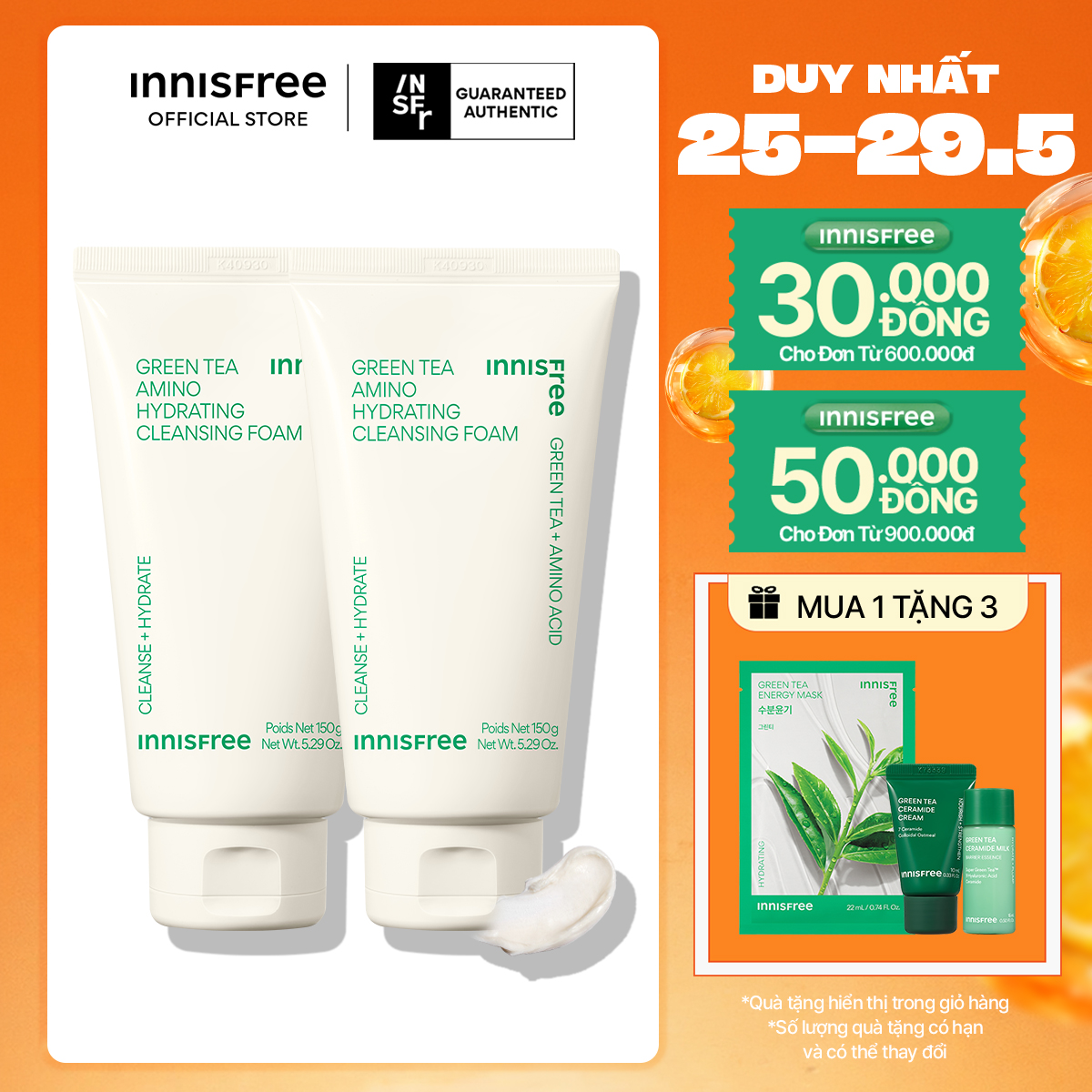 Bộ 2 Sữa rửa mặt làm sạch và cấp ẩm từ trà xanh INNISFREE Green Tea Hydramino Cleansing Foam 150g*2