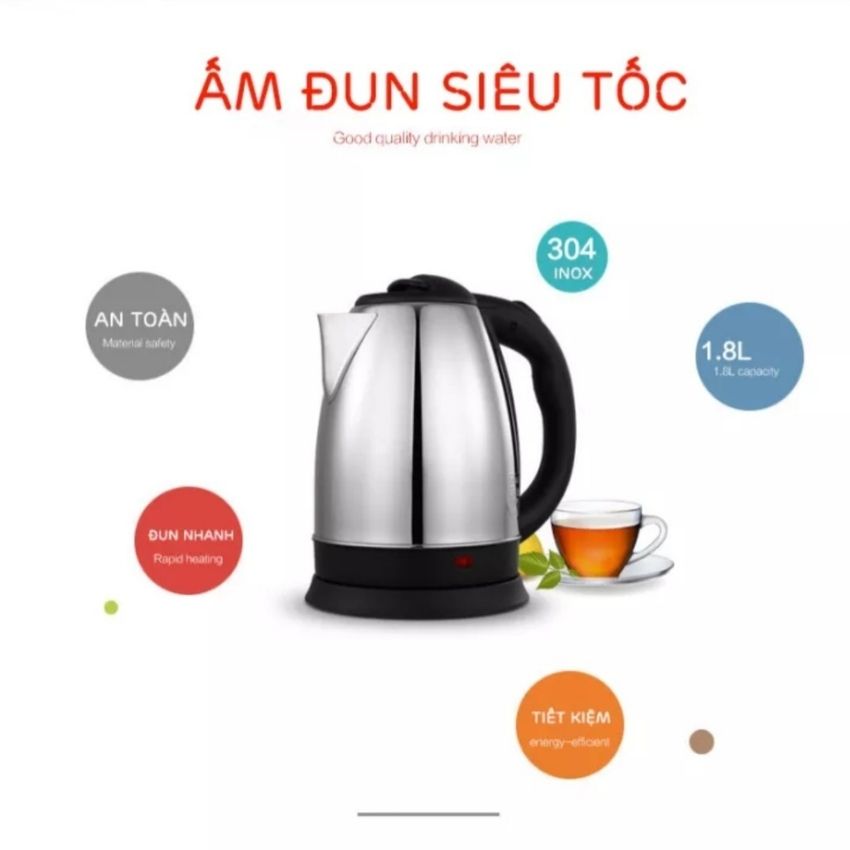 Ấm siêu tốc, ấm đun nước siêu tốc inox 304 1.8L, ấm đun nước siêu nhanh siêu tiện lợi