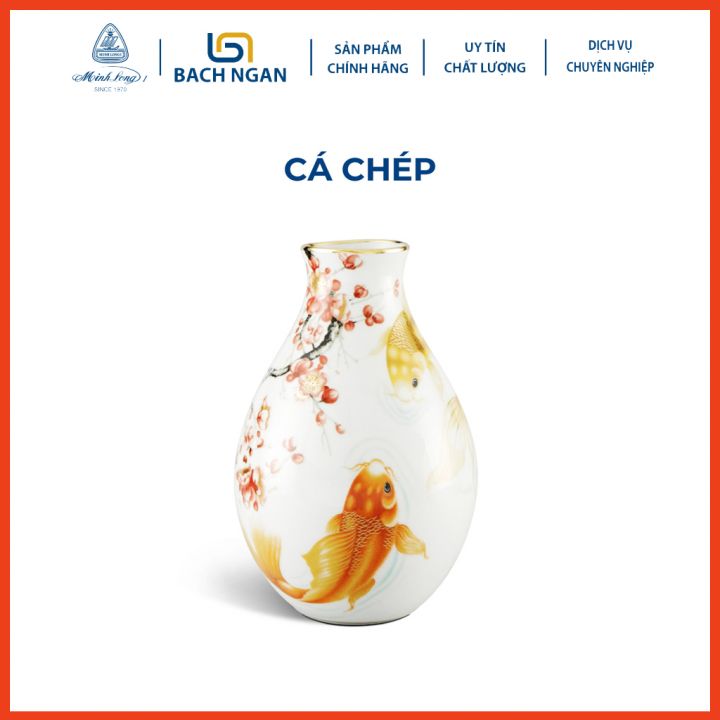 Bình Hoa Gốm Sứ Minh Long Cá Chép Cam 29 cm hàng đẹp cao cấp Dát Vàng 24K, dùng trang trí phòng khách, tặng quà ngày tết, nội thất nhà ở