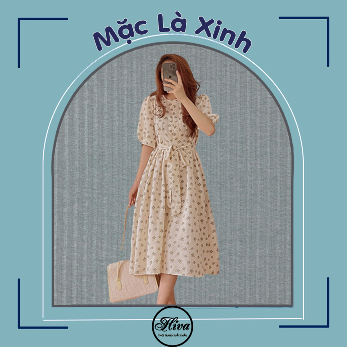 Váy trắng hoa nhí xốp cổ cúc dọc body tay ngắn , Đầm trắng vintage dự tiệc dáng dài