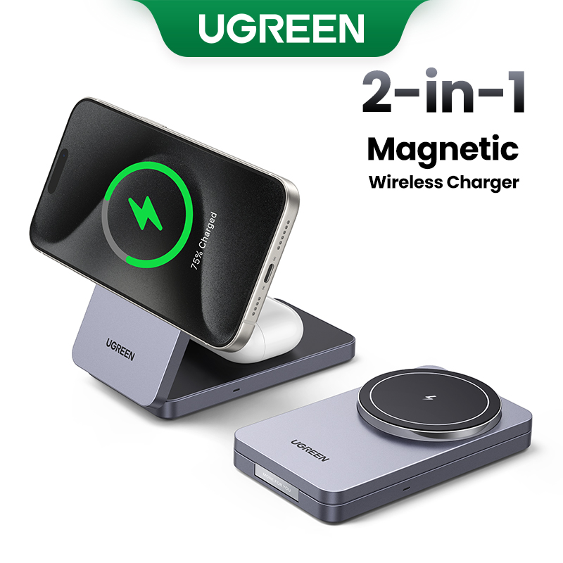 UGREEN 2-IN-1 20W Mag/netic MagFlow Wireless Charger Serie 7.5W 15W Foldable Charger for iPhone 16 15 14 Pro Max/Plus AirPods Pro/Max Xiaomi Air Samsung S24 Ultra S23 Galaxy Buds Earphones Phone Holder Model:45056