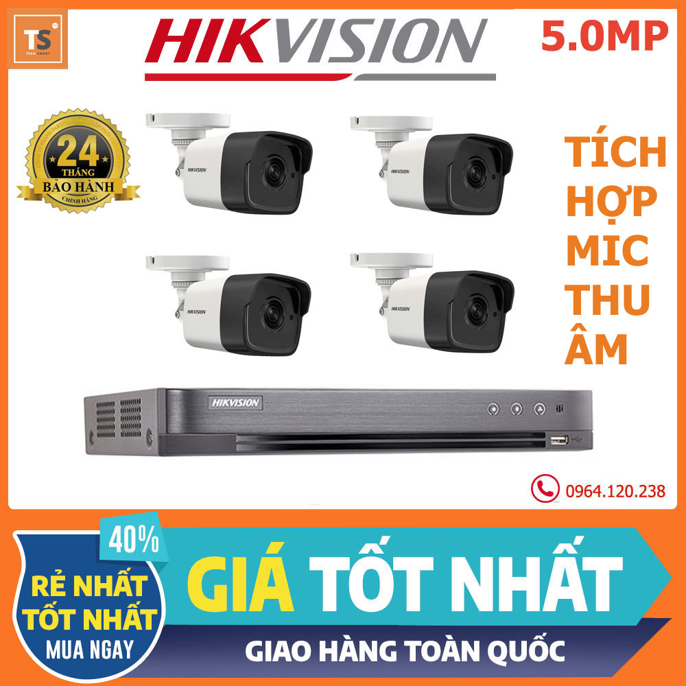 Bộ camera quan sát hikvision 4 kênh super hd 5.0mp tích hợp mic thu âm - trọn bộ 4 camera an ninh hikvision đầy đủ phụ kiện lắp đặt