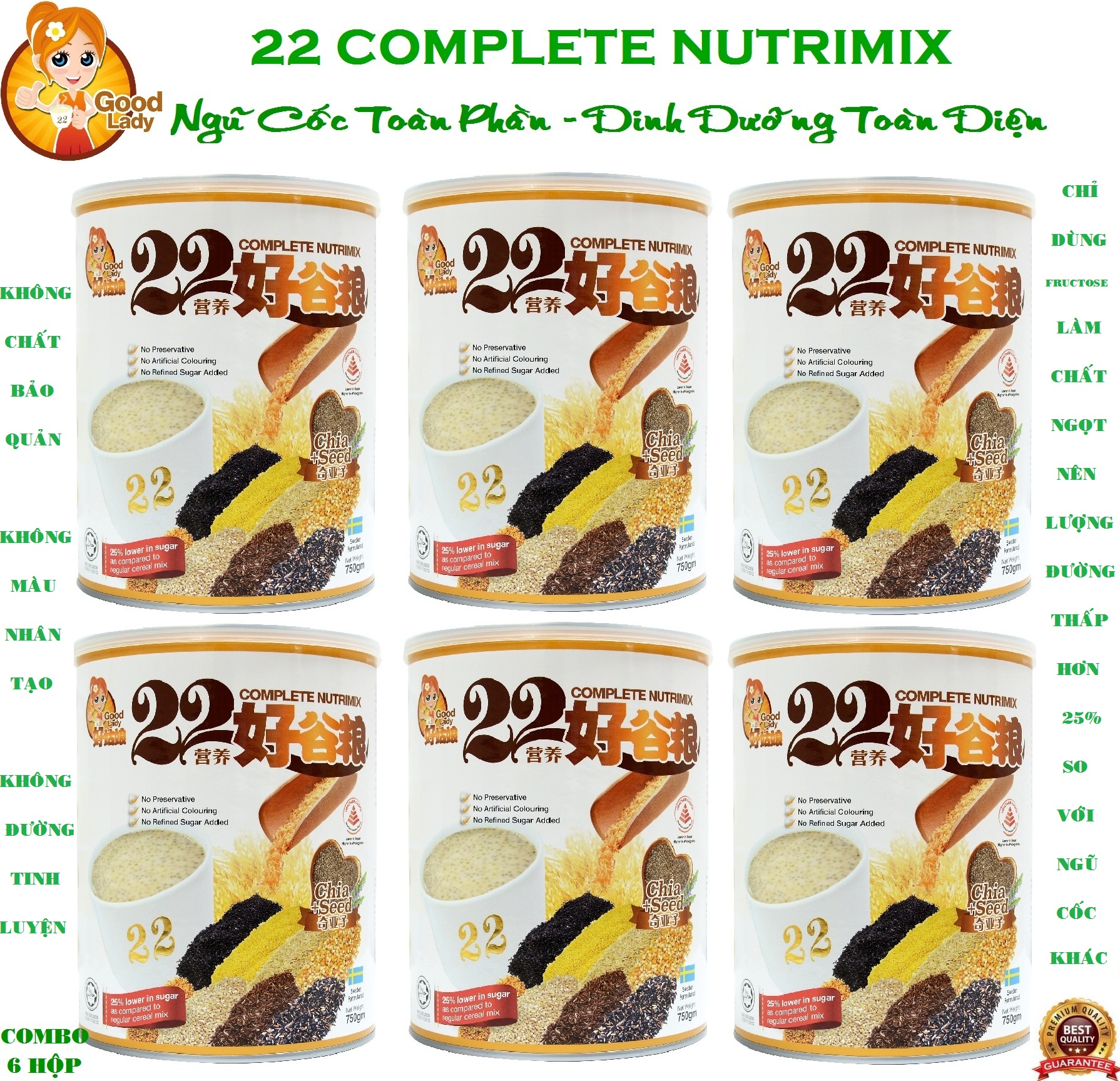 Combo 6 hột ngũ cốc 22 loại hạt 22 Complete Nutrimix - Chia Seed 750g/hộp thiếc