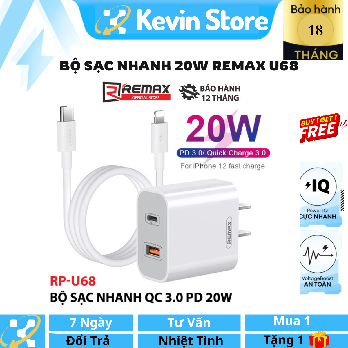 Bộ sạc nhanh 20w remax rp-u68 , củ sạc 2 cổng sạc: usb và type c kèm cáp sạc type c to lighnnig cung cấp dòng điện tối đa 20w với công nghệ sạc nhanh pd .giao hàng nhanh toàn quốc
