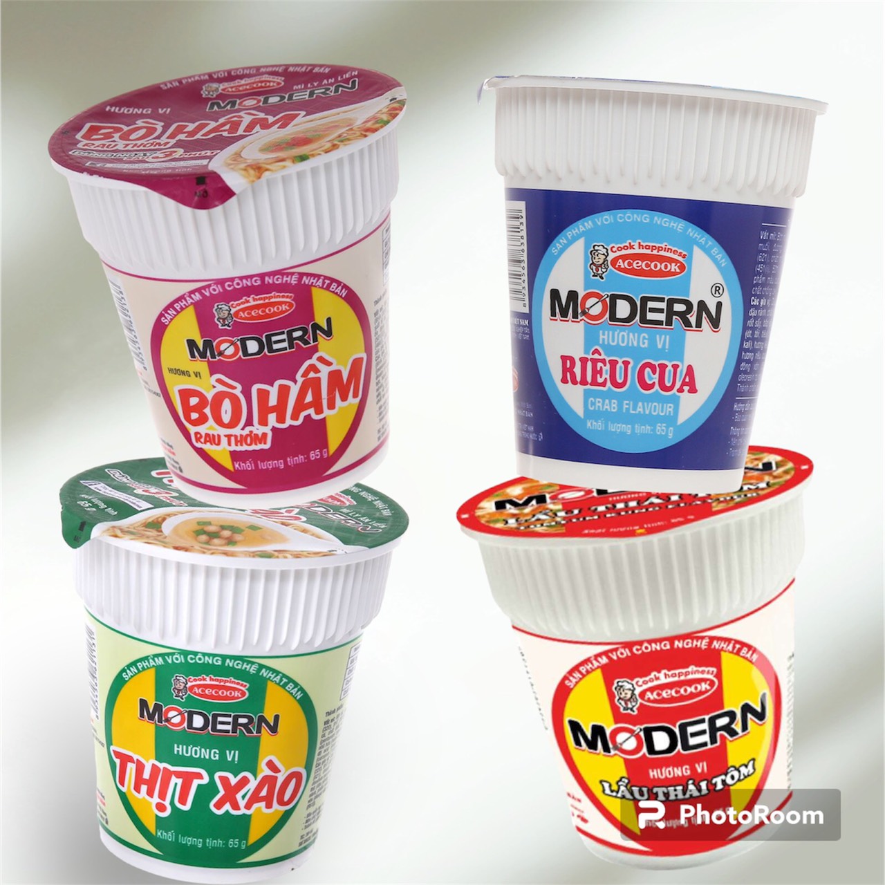 Mì Ly Modern 65g Thùng 24 ly ( Lẩu Thái Tôm / Thịt Xào / Riêu Cua/ Bò Rau Thơm)