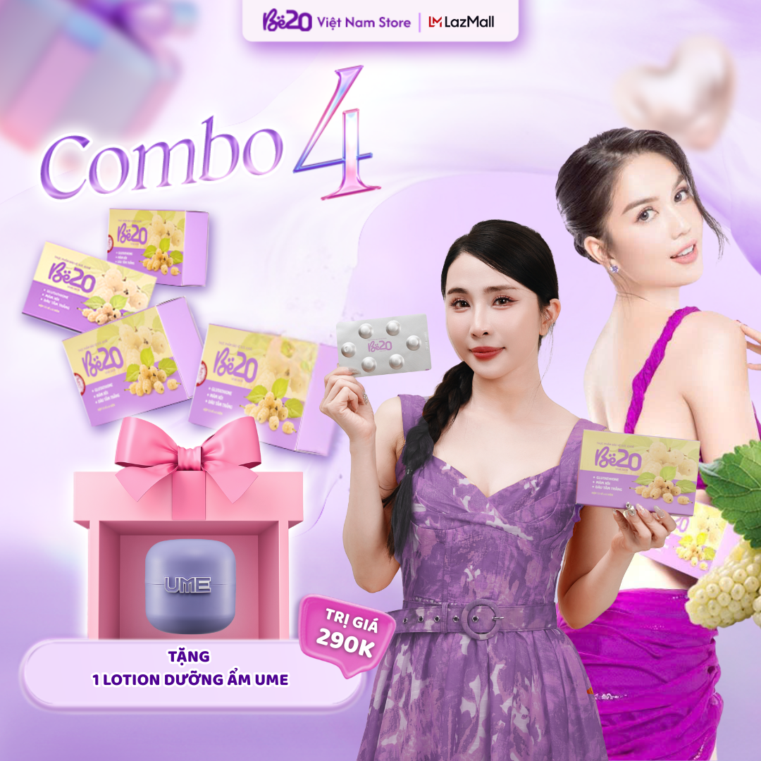 [4 Hộp] Kẹo Ngậm Hỗ Trợ Trắng Da Dâu Tằm Be20 - Hỗ trợ bật tone và sáng đều màu da, cấp ẩm, mờ thâm,