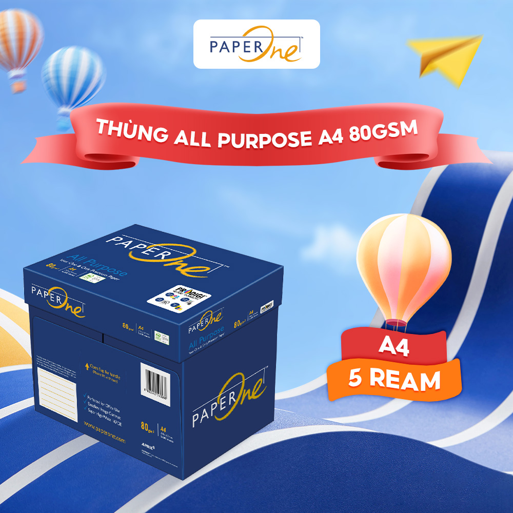 Thùng 5 ream giấy in PaperOne All Purpose Premium A4 80gsm - Dành cho nhu cầu văn phòng, gia đình