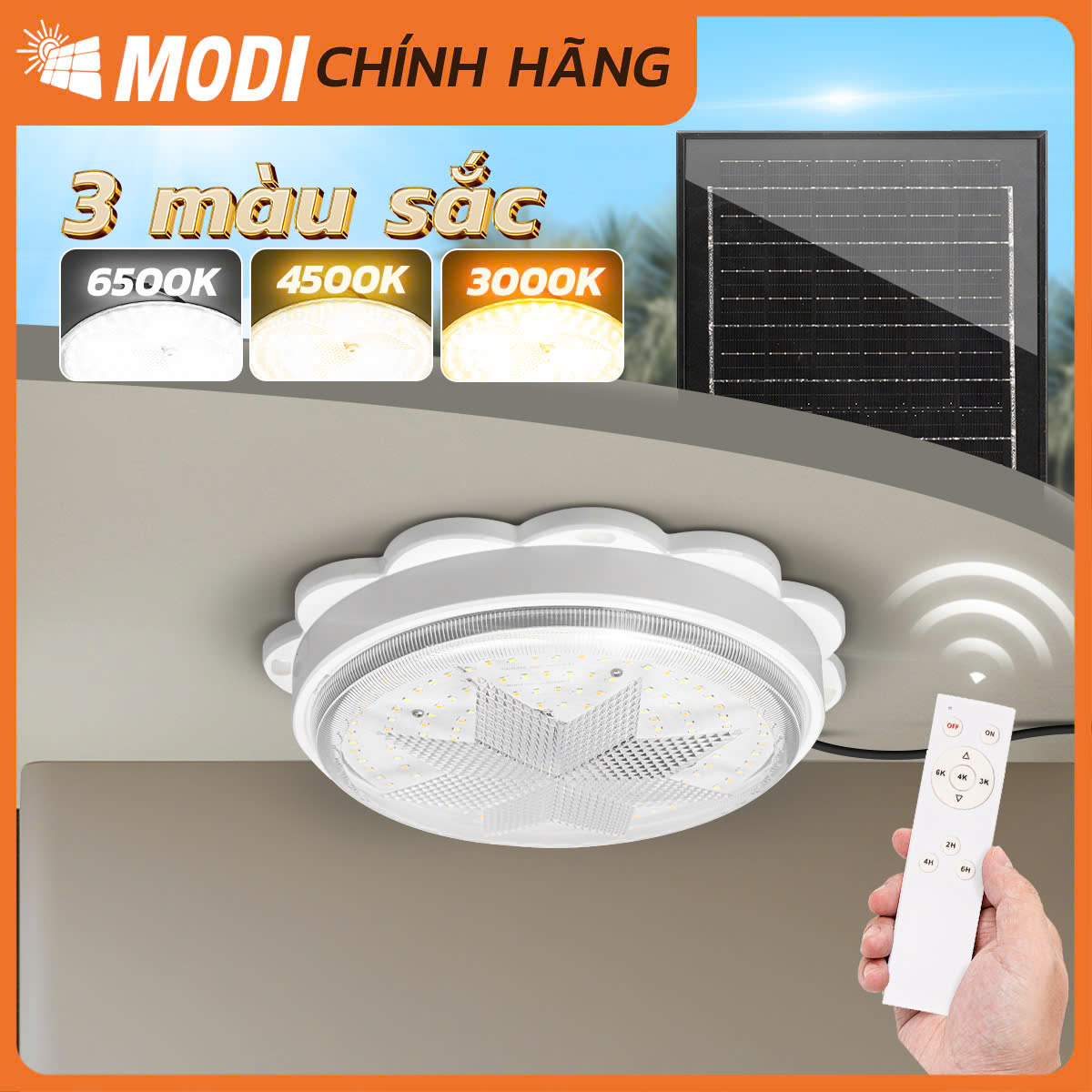 Đèn Ốp Trần Năng Lượng Mặt Trời MODI SOLAR 200W, 280W , Đèn Led Ốp Trần Cảm Biến Ánh Sáng 3 Màu Sắc, Điều Khiển Từ Xa, Đèn Led Độ sáng Thích Hợp
