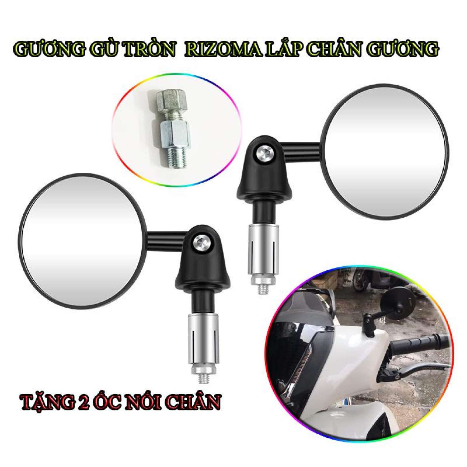 Kính chiếu hậu tròn rizoma CNC Gắn Chân Gương, Khuyến Mại 2 ốc nối chân gương , Lăp xe wave, dream , exciter, winner, sh 2012-2016, sh 2020, sh 2017-2019