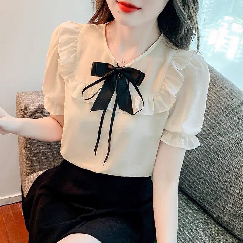 Áo sơ mi nữ đính nơ tay ngắn cổ tròn gloria shop 💖 - ảnh thật💖 sơ mi kiểu a1