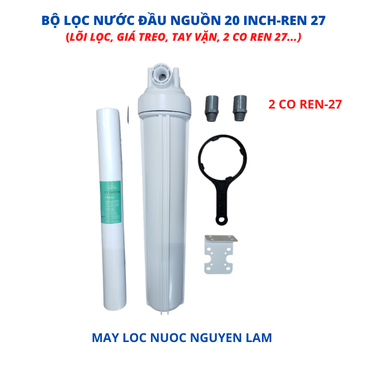 (HCM) Bộ Lọc Nước Đầu Nguồn (Trắng) 20 Inch-Ren 27 Kèm ( Lõi Lọc, Giá Treo, 2 Co Ren 27)