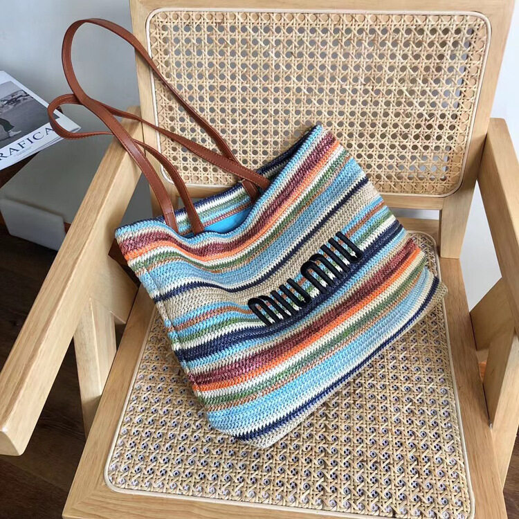 2024 New MIU Home Beach Women's Tote Bag Contrast Color Shoulder Bag Raffia Large Capacity Striped Woven Straw Bag Words Embroidery