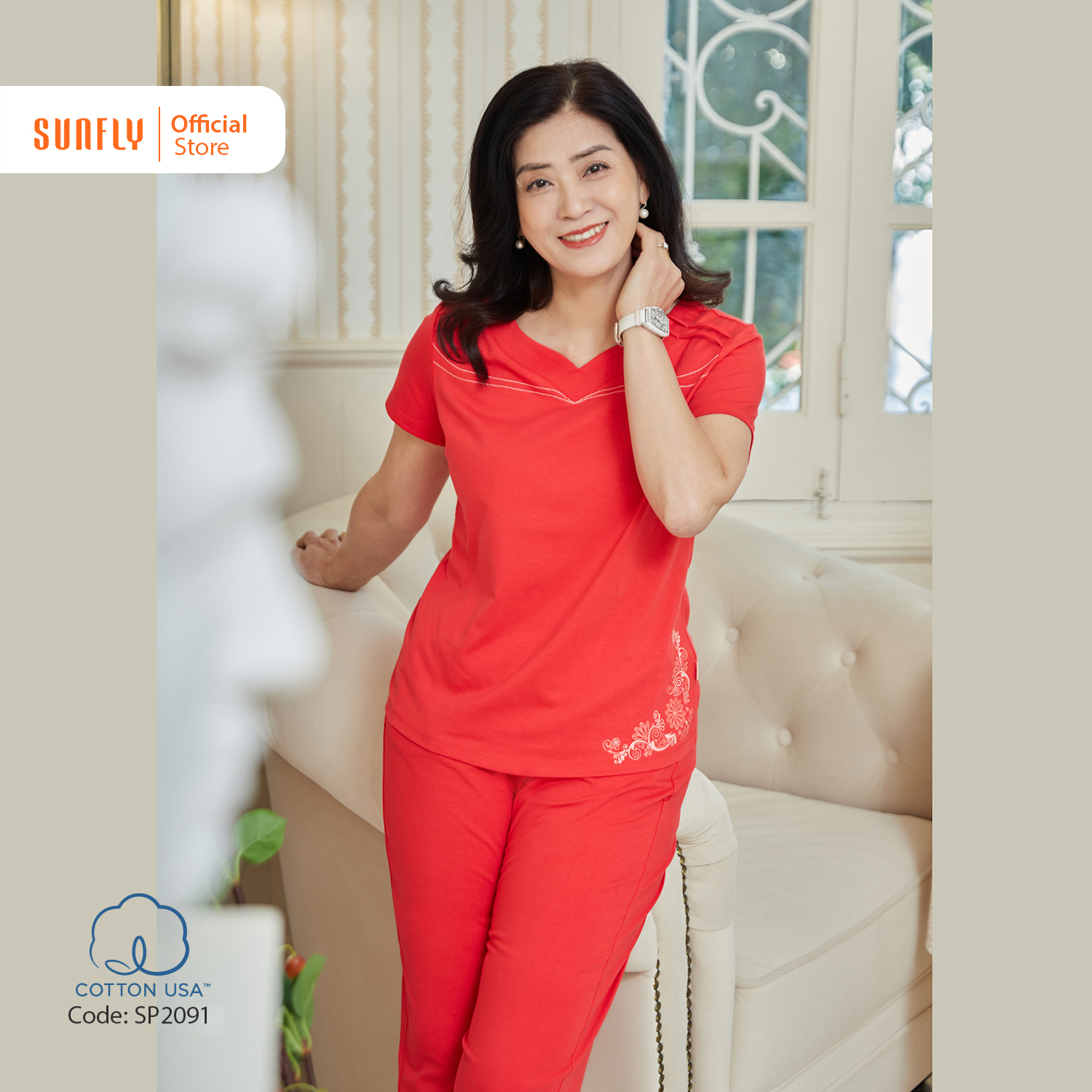Đồ bộ mặc nhà nữ trung niên coton sunfly áo cộc quần ngố sp2091