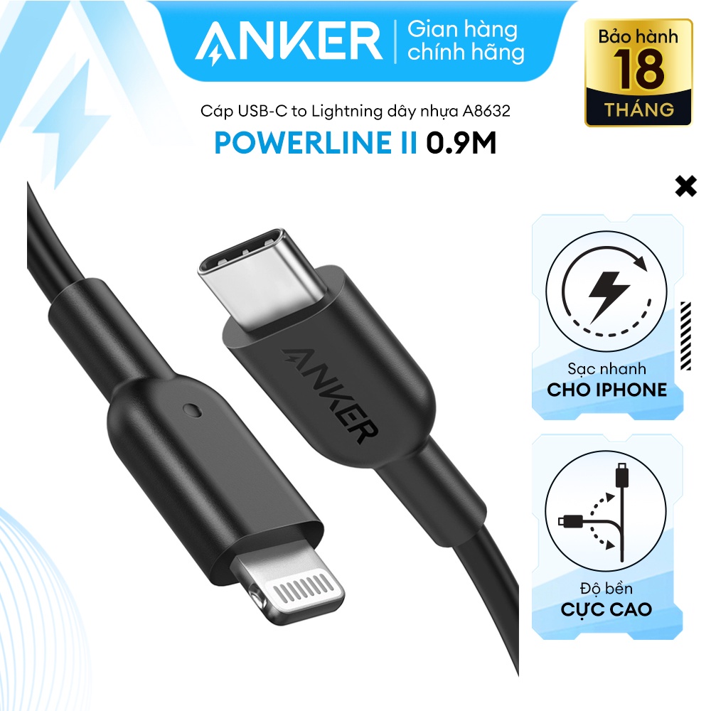 Cáp type c to lightning anker powerline ii dài 0.9m - a8632/hàng chính hãng bảo hành 18 tháng