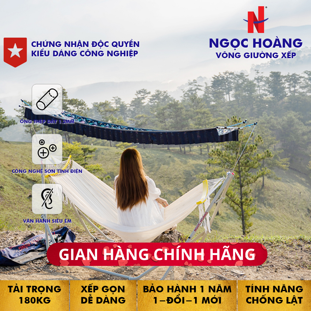 Ngọc Hoàng - Khung võng xếp đa năng (White) kèm lưới võng (White) và mái che - Thép nhập khẩu ống dày 1.2mm  sơn tĩnh điện, kết hợp tính năng treo võng, treo xích đu, treo nôi em bé, treo thanh phơi đồ, đã được cấp bằng độc quyền kiểu dáng công nghiệp