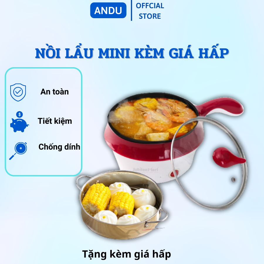Nồi lẩu mini kèm giá hấp đa năng tay cầm dài size 18cm, nồi lẩu chảo điện cầm tay mini đa chức năng