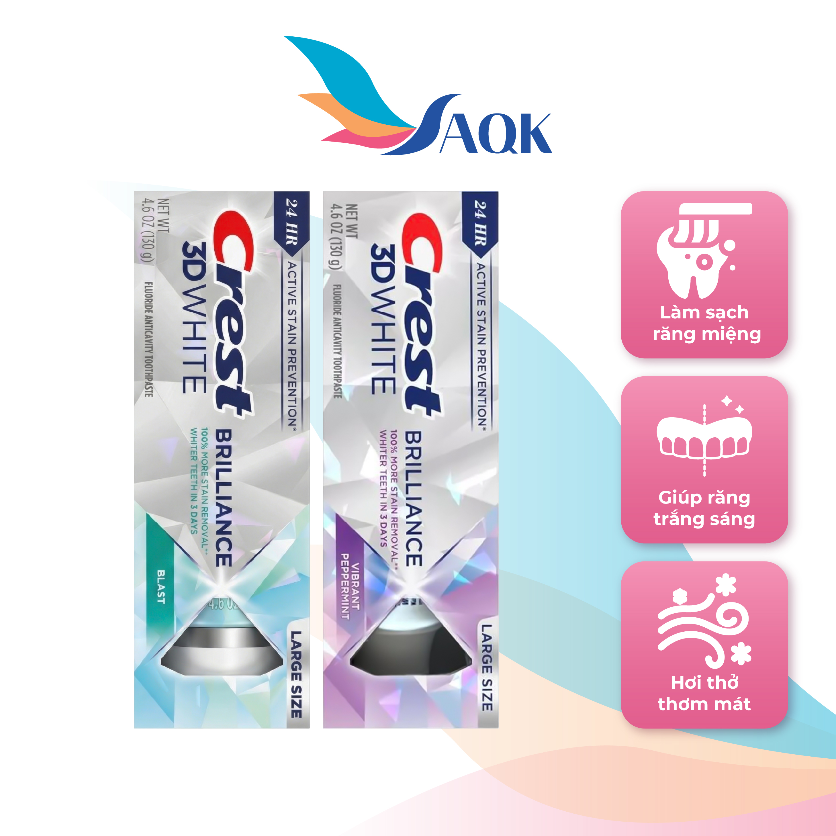 Kem đánh răng Crest 3D White Brilliance (130g) - Làm trắng răng loại bỏ vết ố và mang lại nụ cười sáng bóng rạng rỡ