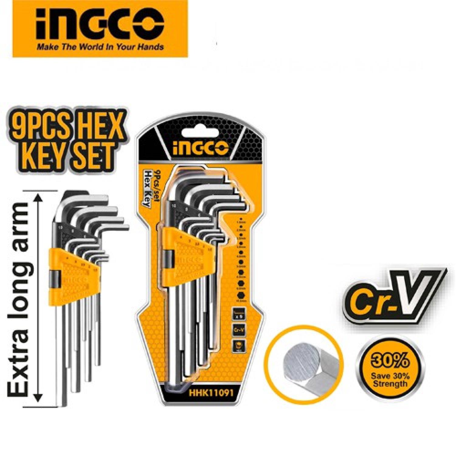 Bộ 9 chìa lục giác đầu bằng 1.5-10mm ingco hhk11091