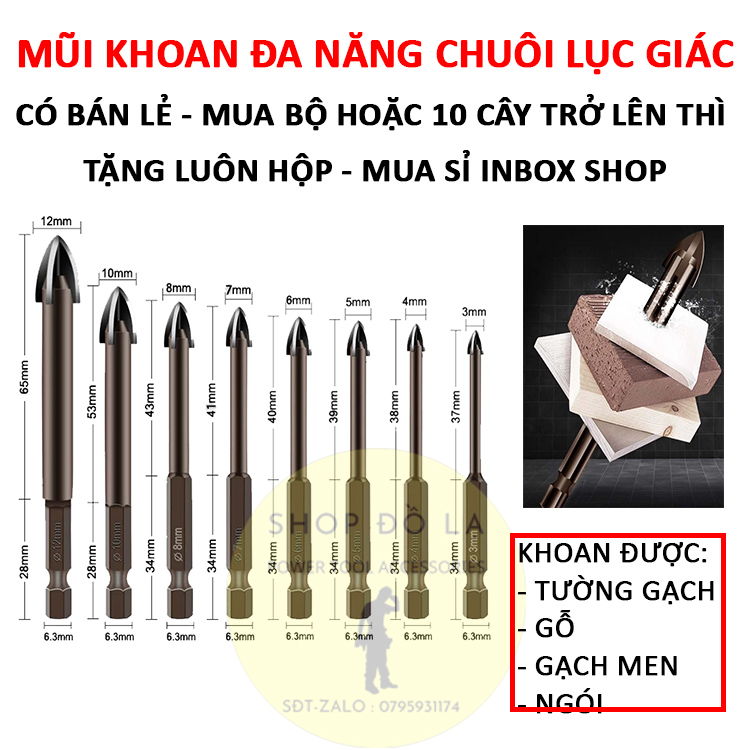 Mũi khoan đa năng đầu 4 cạnh chuôi lục khoan tường, khoan kính, khoan gạch men