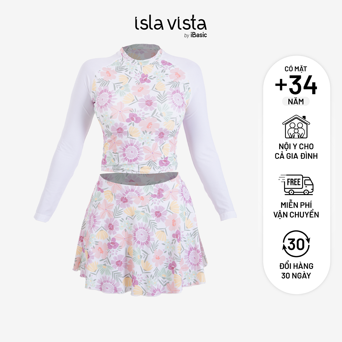 Set bộ đồ bơi áo tay dài raglan kết hợp với chân váy bơi hoạ tiết sắc màu Isla Vista IVTset001