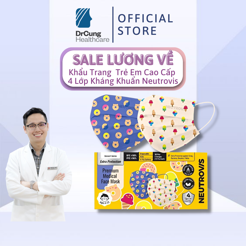 Khẩu trang trẻ em cao cấp 4 lớp neutrovis - khẩu trang y tế kháng khuẩn, lọc khuẩn, khử mùi