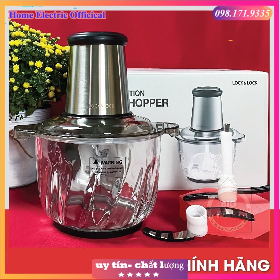 Máy xay thịt đa năng lock and lock cối thủy tinh lưỡi dao kép dung tích 2,4 lít ejm186slv