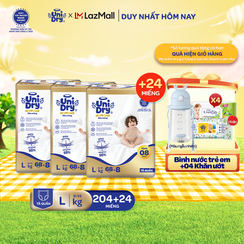 [Siêu mỏng 2mm] Combo 3 tã quần UniDry Supreme size M76/L68/XL60/XXL54 + 8 miếng