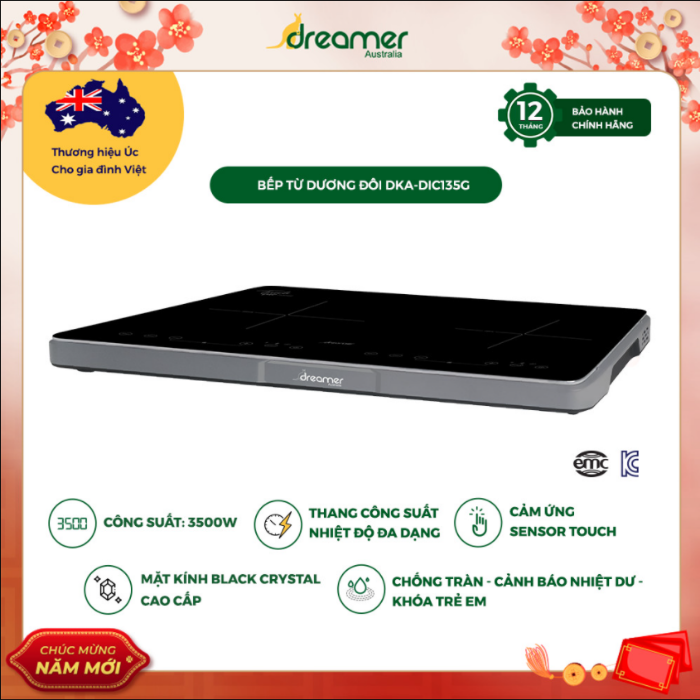 Bếp Từ Dương Đôi Dreamer DKA-DIC135B, Cảm Ứng Sensor Touch, Chống Tràn, Khóa Trẻ Em, 10 Mức Công Suất Nhiệt Độ - BH 12 Tháng