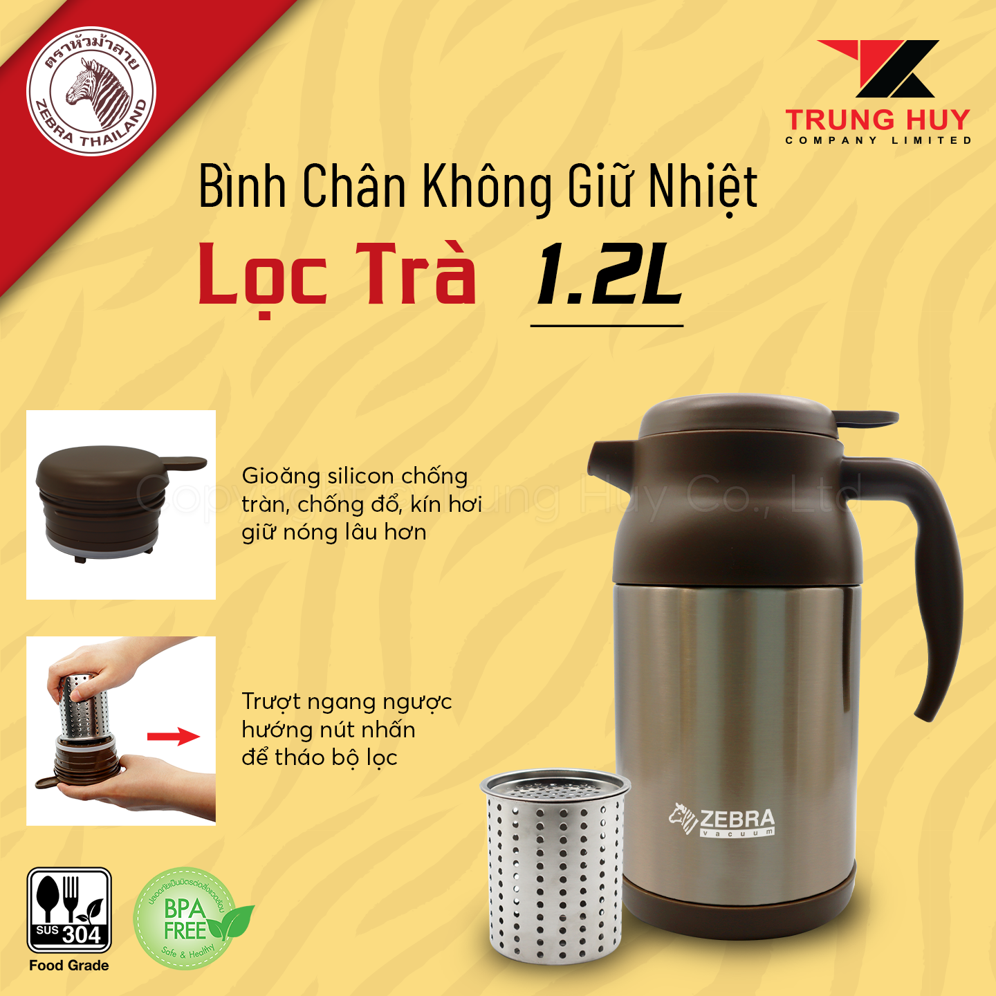 Bình giữ nhiệt lọc trà inox Zebra Thailand Cao cấp - Có lưới lọc trà tiện lợi