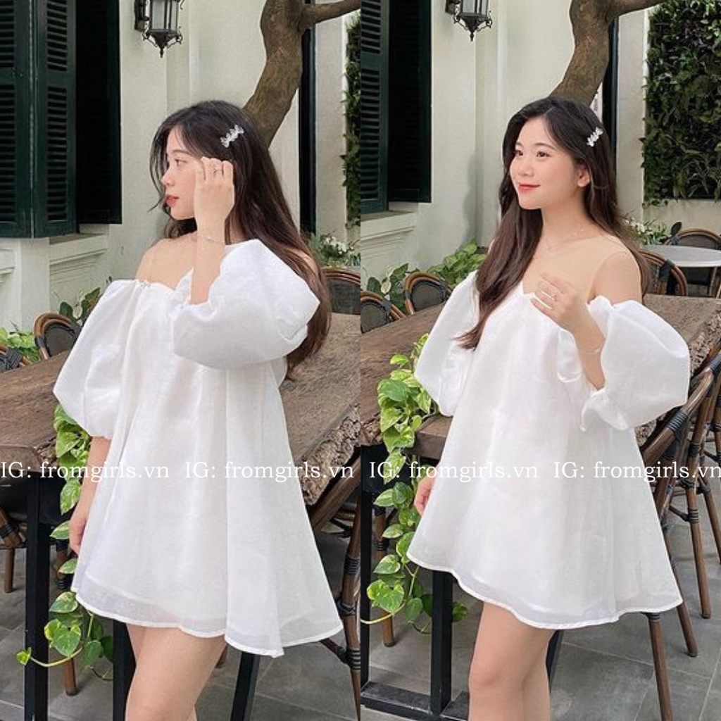 Áo trễ vai trắng, áo babydoll trễ vai tay phồng sexy đính ngọc - AK01