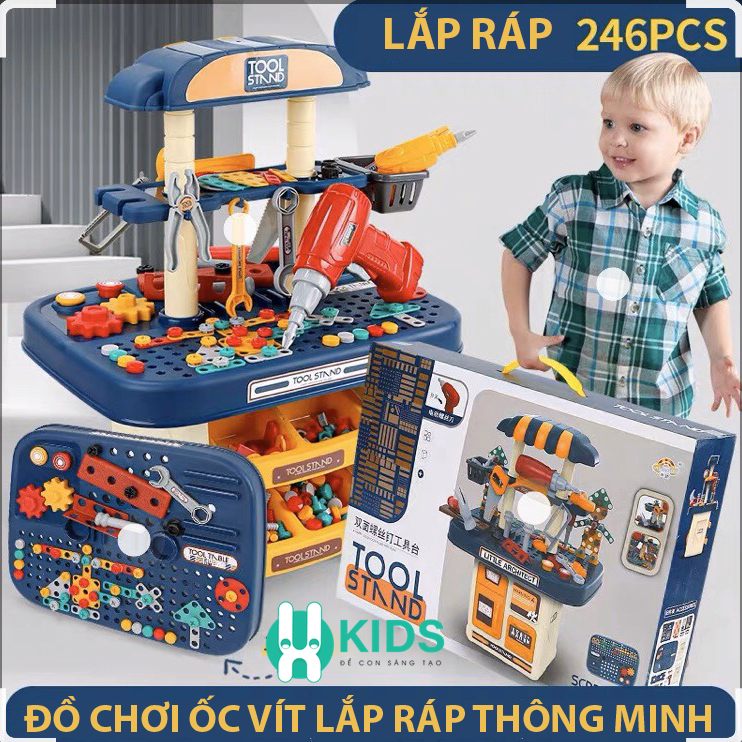 [Hoàn Tiền 10%]Đồ chơi lắp ráp ốc vít trẻ em, hộp dụng cụ sửa chữa kĩ sư di động gồm máy khoan điện, búa, cưa, tô vít cho bé