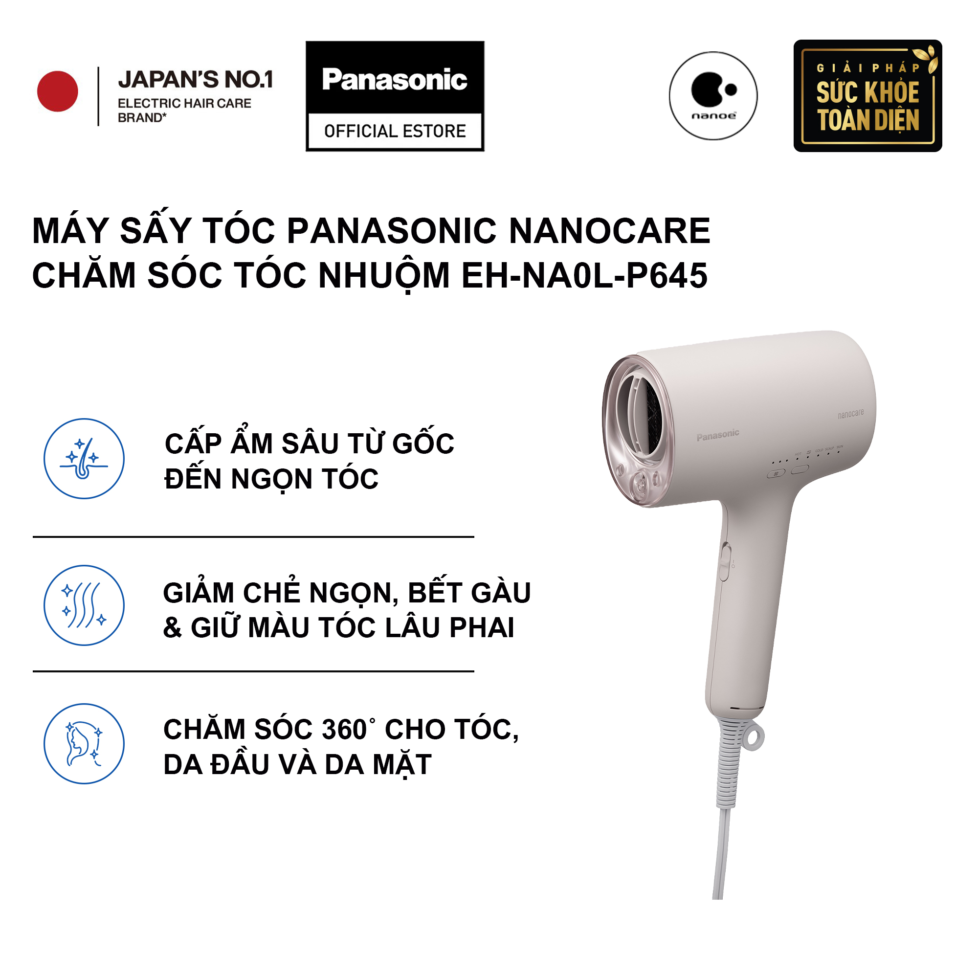[Chính hãng] Máy sấy tóc Panasonic Nanocare chuyên gia chăm sóc tóc nhuộm EH-NA0L-P645 - Cấp ẩm gốc đến ngọn, giảm khô da đầu, giữ màu tóc lâu phai