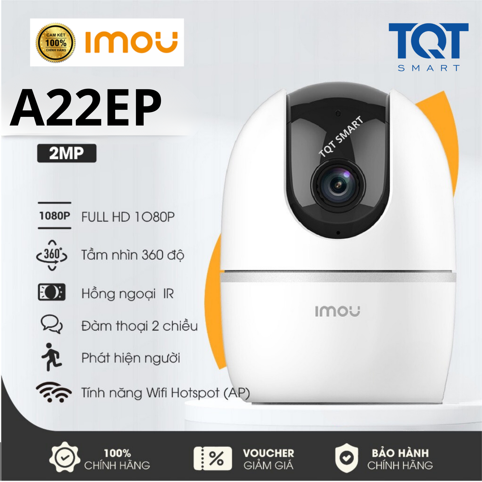 Camera Wifi IMOU IPC-A22EP 2.0MP - Xoay 360 độ -Tầm xa hồng ngoại 10m - Đàm thoại 2 chiều - Phát hiện Theo Dõi chuyển động - Bảo Hành 2 Năm  - TQT SMART