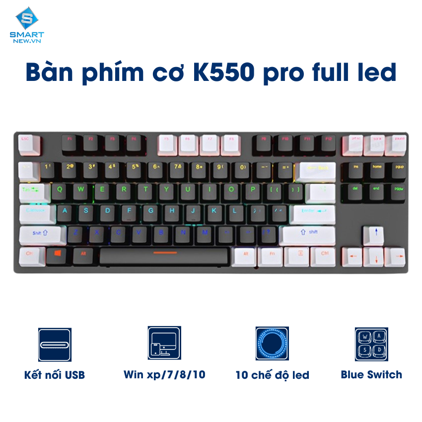 Bàn phím cơ Gaming Leaven K550 Blue Switch TKL 87 phím , LED RGB , chống nước