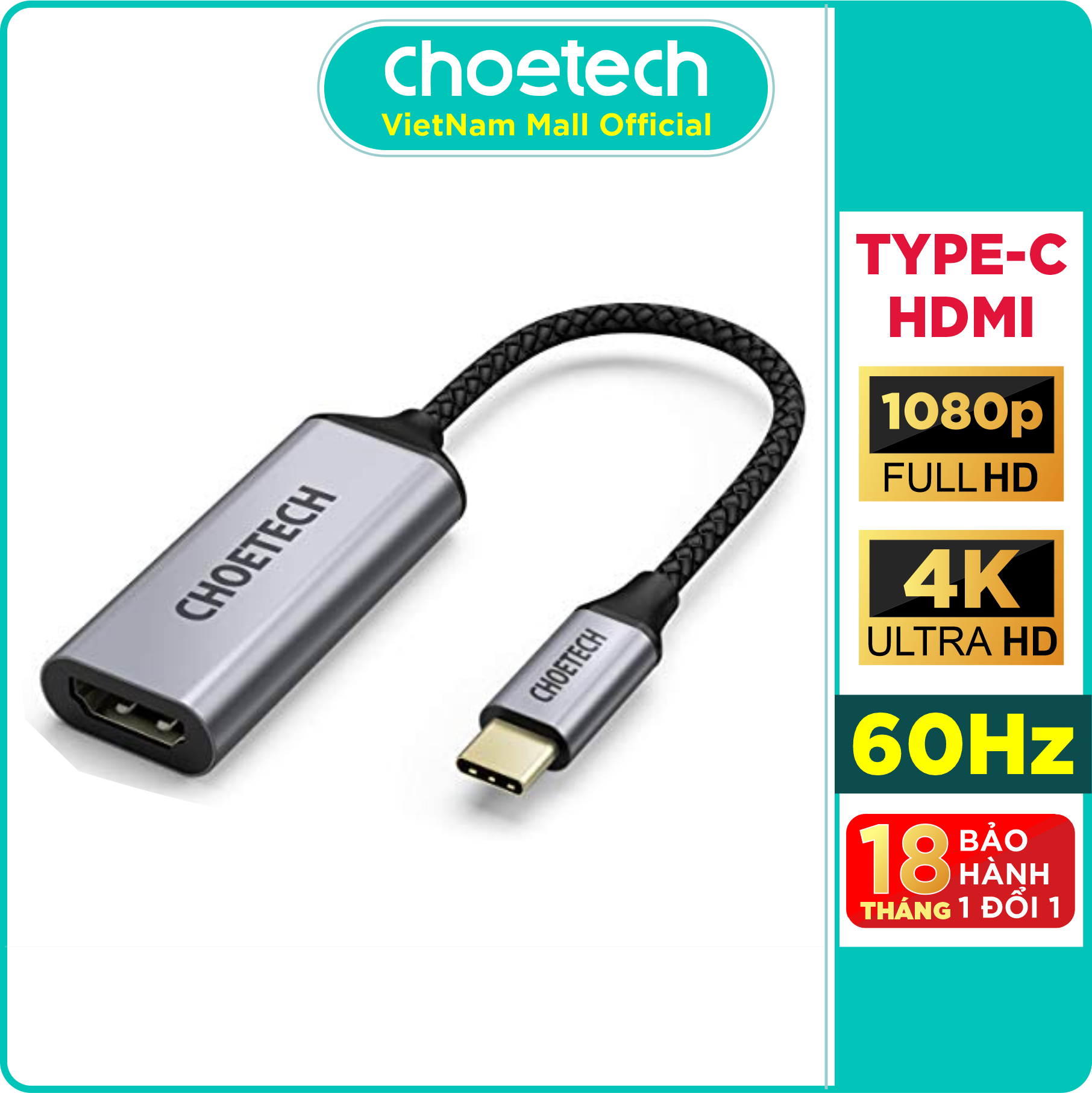 Hub Chuyển Đổi USB Type C to HDMI CHOETECH HUB-H10 Độ Phân Giải 4K 60Hz, 1080P Cho Tivi/Laptop/Playstaysion/PC - Hàng Chính Hãng