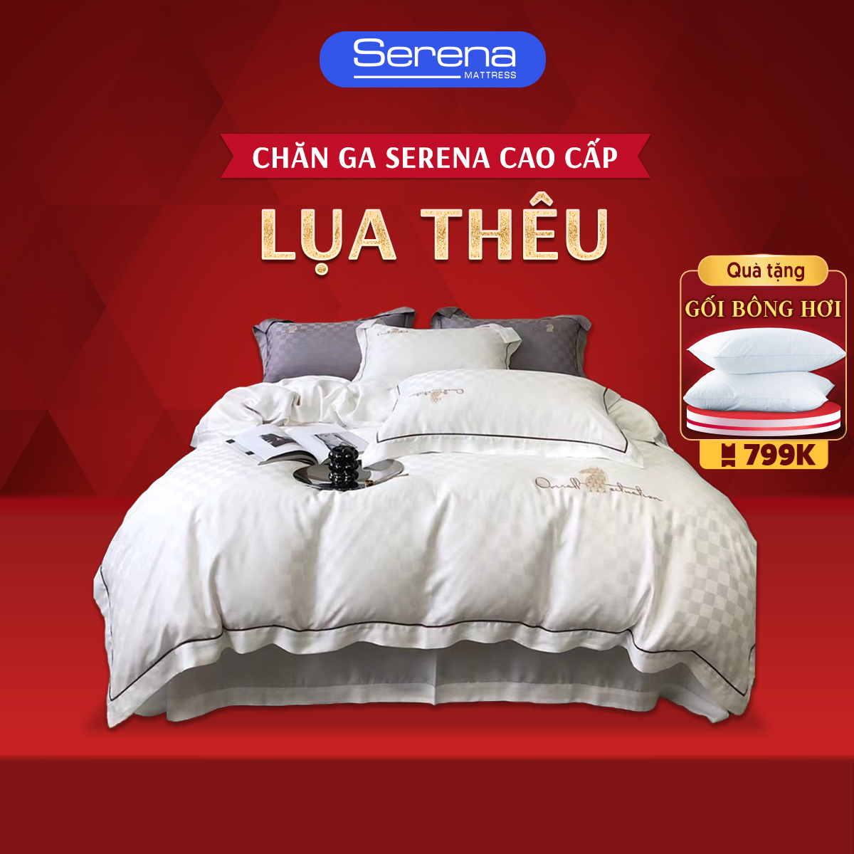 Ra nệm trải giường 5 món lụa thêu SERENA chính hãng bộ vỏ nệm đệm chăn ga ra grap drap gối  mát lạnh đẹp cao cấp 5 món lụa tencel trải bọc phủ giường người lớn đẹp chần bông cao cấp sang trọng - Serena Việt Nam