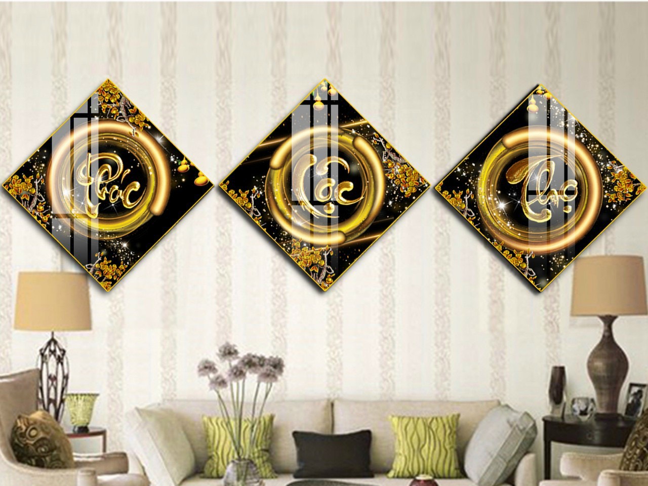Tranh Laminate Tráng Gương - Tranh Treo Tường phúc lộc thọ  3d cỡ lớn trang trí phòng khách,phòng th