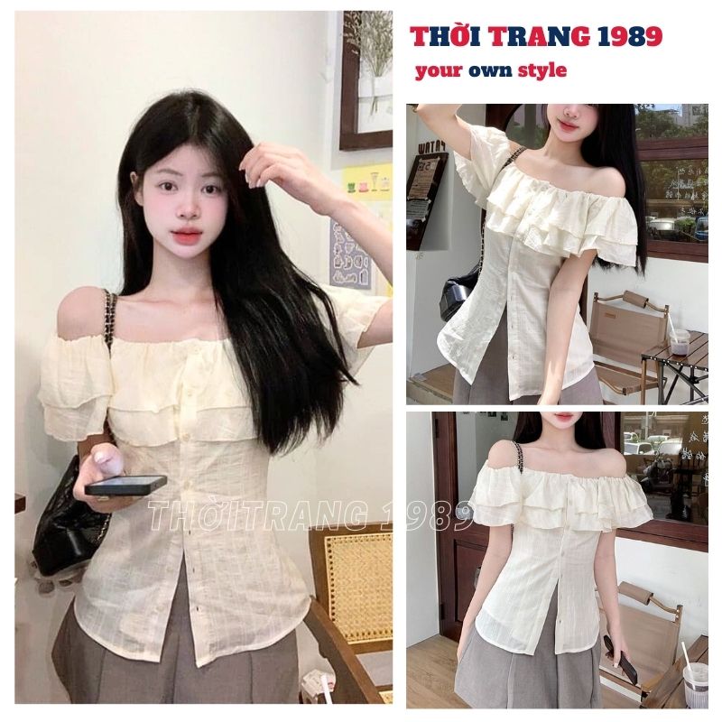 Áo sơ mi nữ trễ vai bèo ngực form ôm tôn dáng, Áo sơ mi tiểu thư hở vai điệu đà nữ tính, Áo kiểu nữ - 1989