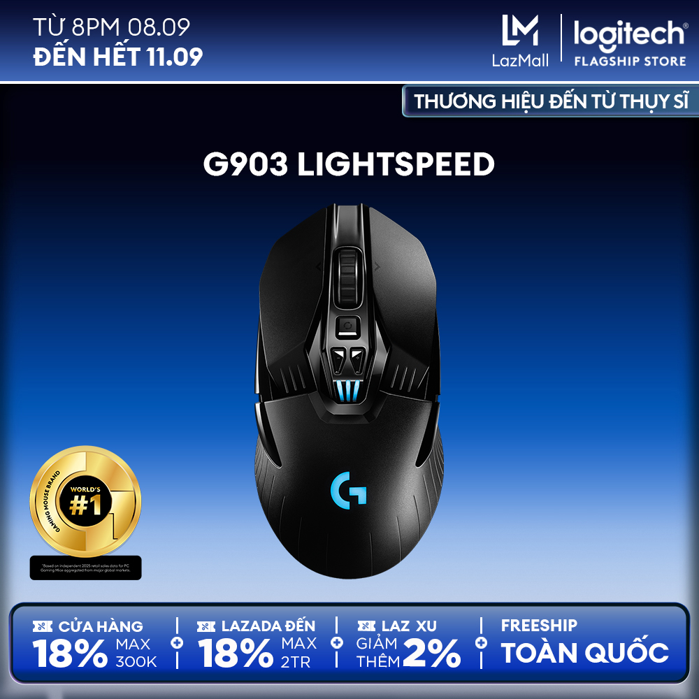 Chuột game không dây lightspeed rgb logitech g903 hero - cảm biến hero 25k, pin sạc 140h+, thiết kế thuận cả 2 tay, pin 180h, pc/mac