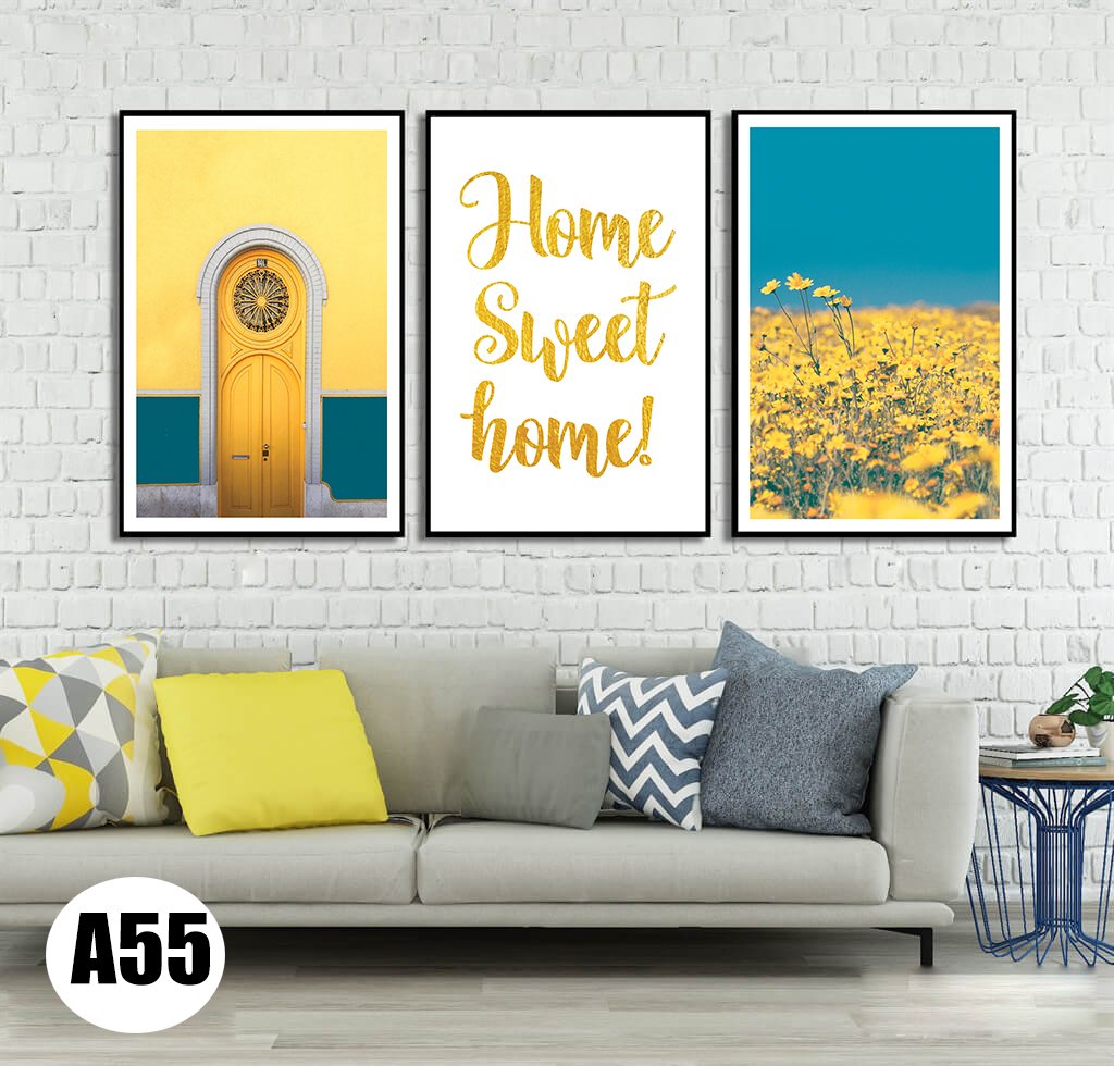 Tranh treo tường Home sweet Home, tranh trang trí bộ 3 bức gam màu vàng, xanh
