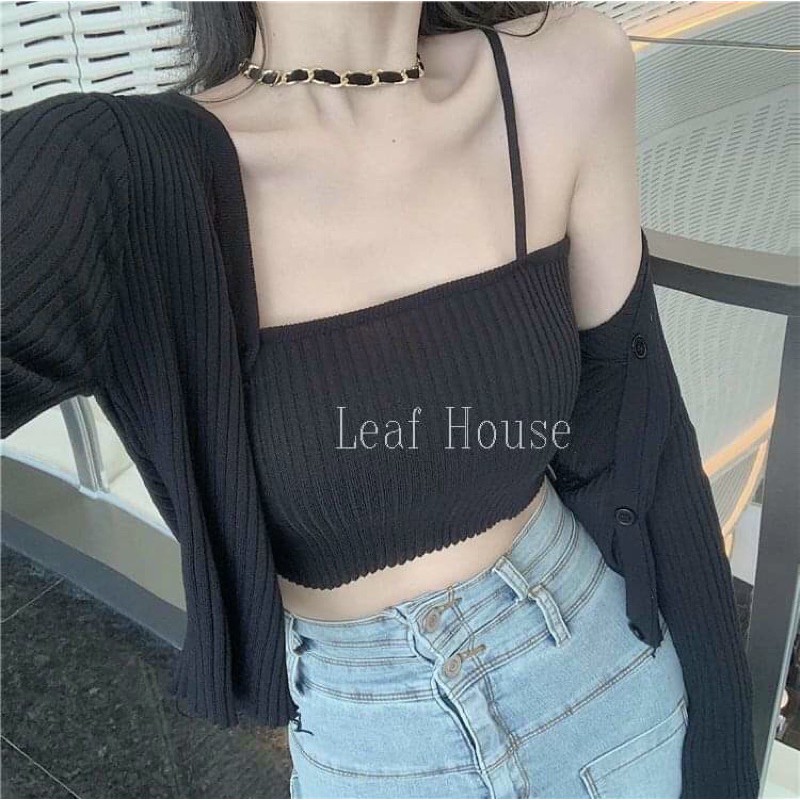 Set áo khoác len mỏng kèm áo 2 dây