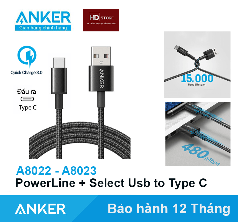 Cáp sạc Anker USB A to Type C cho Samsung Androi Sạc nhanh Quick Charge 15W Samsung Androi PowerLine Select +  No Box Rẻ A8022 A8023 A8173 dài 1 Mét 2 Mét